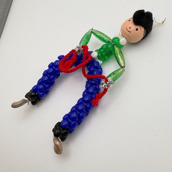 Vintage Beaded Cowboy Christmas Tree Ornament With Red Lasso Handmade Bendable - Picture 4 of 6